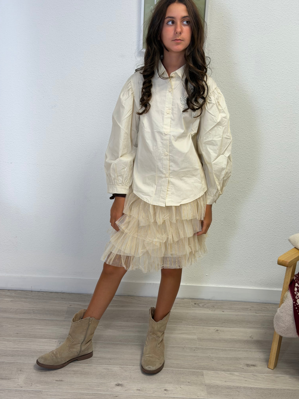 Jupe froufrou beige et or